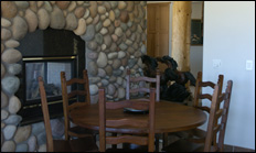 photo of dining area and fireplace
